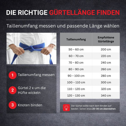 Größentabelle für Neatami Wettkampfgürtel – richtige Budogürtel Länge nach Taillenumfang wählen