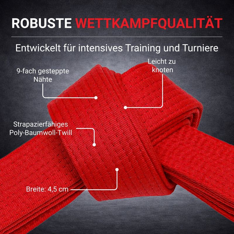 Roter Neatami Budogürtel im Knoten – Wettkampfgürtel mit 9-fach Nähten und strapazierfähigem Twill-Gewebe