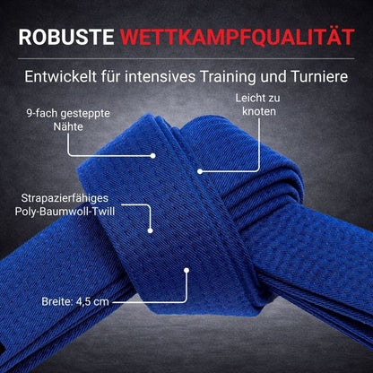 Neatami blauer Wettkampfgürtel mit Knoten – robuster Budogürtel für Judo, Karate und Ju-Jutsu mit 9-fach Naht und Poly-Baumwoll-Twill