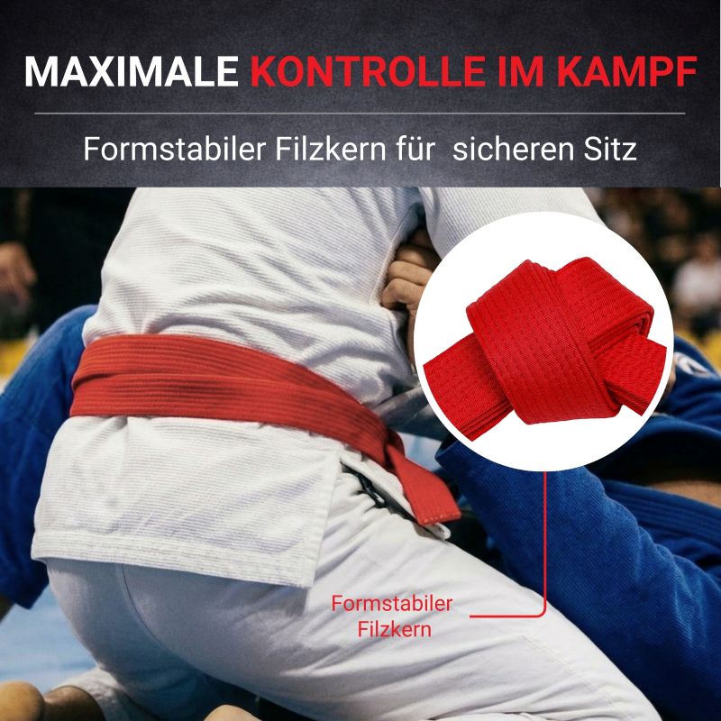Judo Kämpfer im Wettkampf mit rotem Neatami Budogürtel – formstabiler Wettkampfgürtel für sicheren Sitz