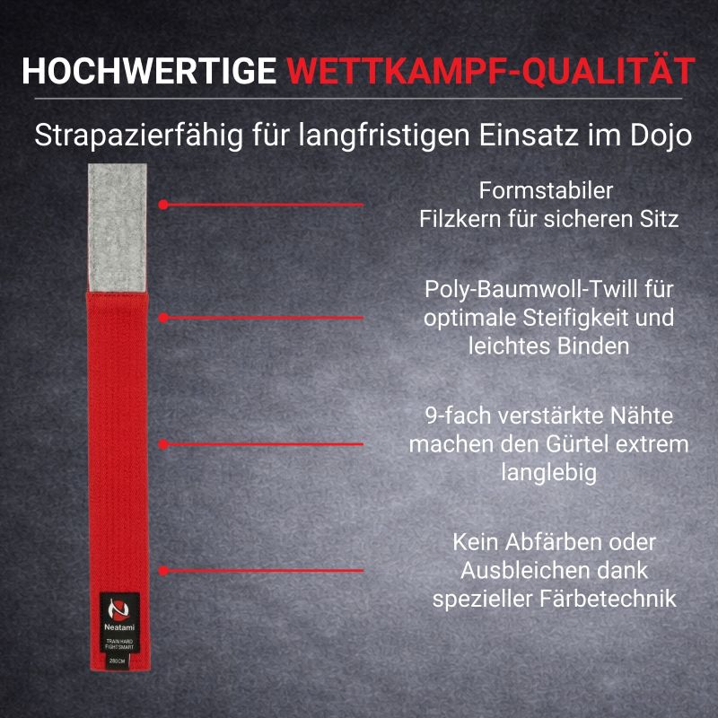 Neatami roter Wettkampfgürtel mit Filzkern und verstärkten Nähten – langlebiger Budogürtel für Judo, Karate und Ju-Jutsu