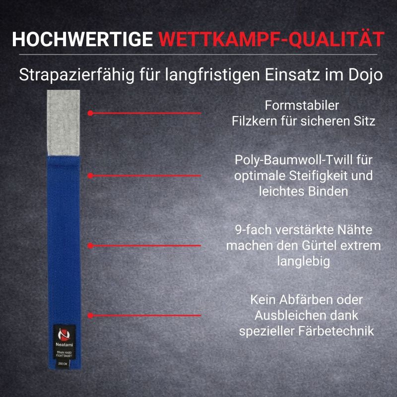 Blauer Wettkampfgürtel für Judo Karate und Ju Jutsu mit Filzkern verstärkten Nähten und strapazierfähigem Material für sicheren Sitz