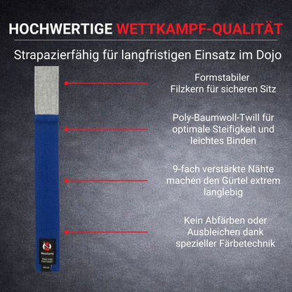 Blauer Wettkampfgürtel für Judo Karate und Ju Jutsu mit Filzkern verstärkten Nähten und strapazierfähigem Material für sicheren Sitz