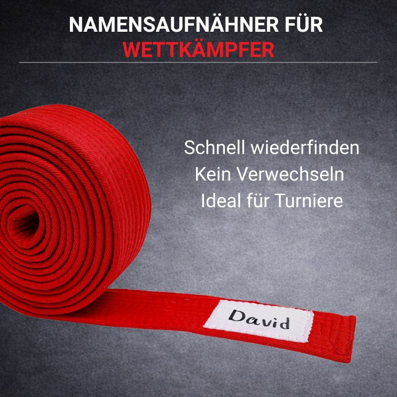 Neatami roter Wettkampfgürtel mit Namensaufnäher – Budogürtel für Judo, Karate und Ju-Jutsu