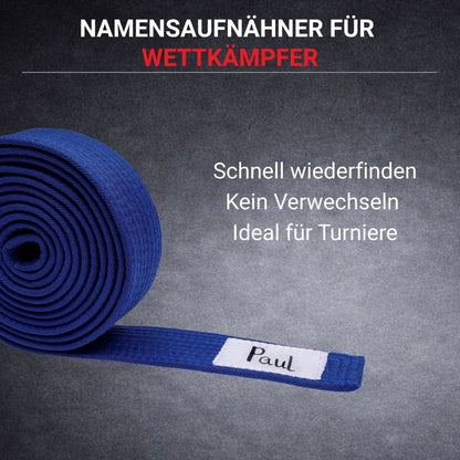 Blauer Wettkampfgürtel für Judo Karate und Ju Jutsu mit Namensfeld zur einfachen Kennzeichnung ideal für Turniere