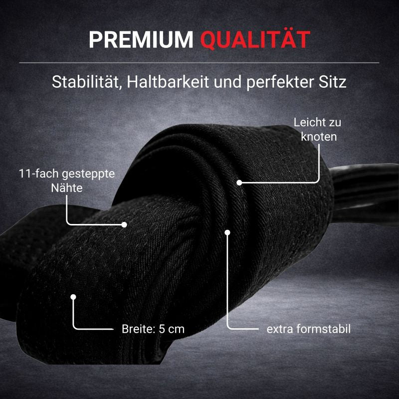 Schwarzer Wettkampfgürtel mit 11 fach gesteppten Nähten 5 cm Breite und formstabilem Material für Karate Judo und Ju Jutsu