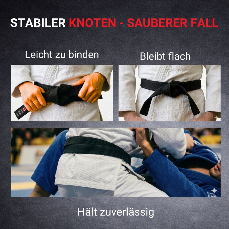 Gebundener schwarzer Budogürtel beim Judo Training mit festem Knoten flachem Sitz und zuverlässigem Halt im Kampf