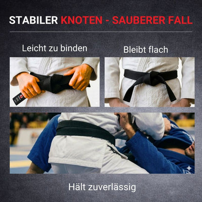 Gebundener schwarzer Budogürtel beim Judo Training mit festem Knoten flachem Sitz und zuverlässigem Halt im Kampf