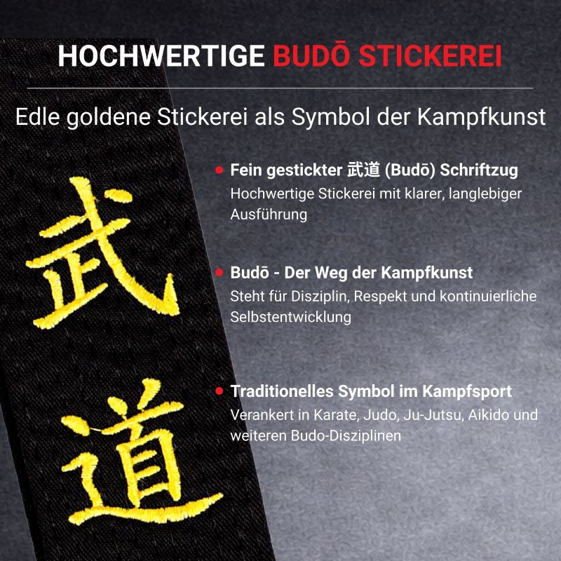 Schwarzgurt mit goldener Budō Stickerei Detailaufnahme für Karate Judo und Ju Jutsu hochwertiger Kampfsport Gürtel