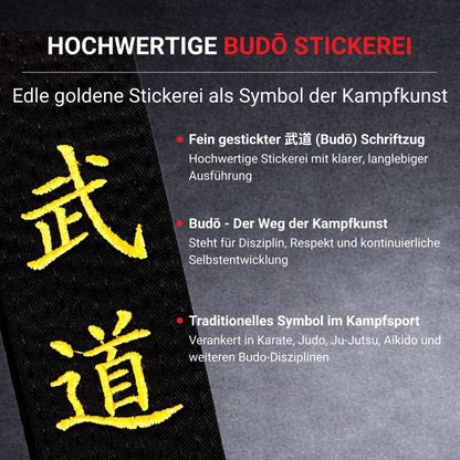 Schwarzgurt mit goldener Budō Stickerei Detailaufnahme für Karate Judo und Ju Jutsu hochwertiger Kampfsport Gürtel