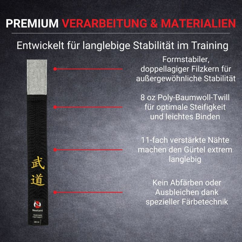 Premium Budogürtel schwarz mit Filzkern verstärkten Nähten und Poly Baumwoll Material für stabilen Sitz im Training und Wettkampf