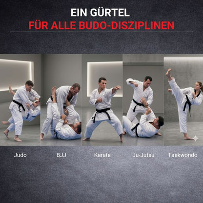 Schwarzer Budogürtel im Einsatz bei verschiedenen Kampfsportarten wie Judo BJJ Karate Ju Jutsu und Taekwondo