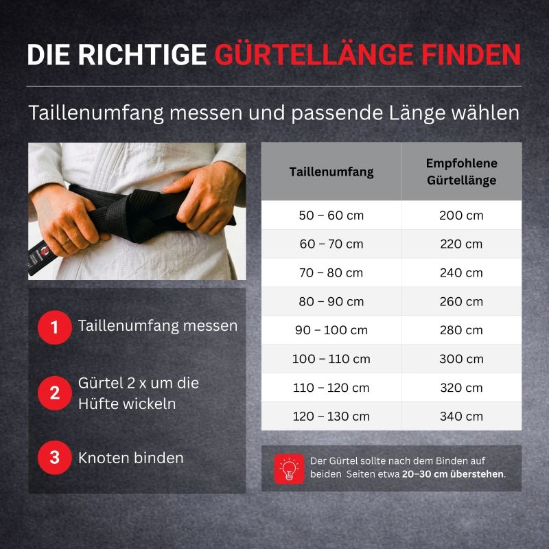 Größenguide für Budogürtel mit Tabelle zur Bestimmung der passenden Gürtellänge nach Taillenumfang im Kampfsport