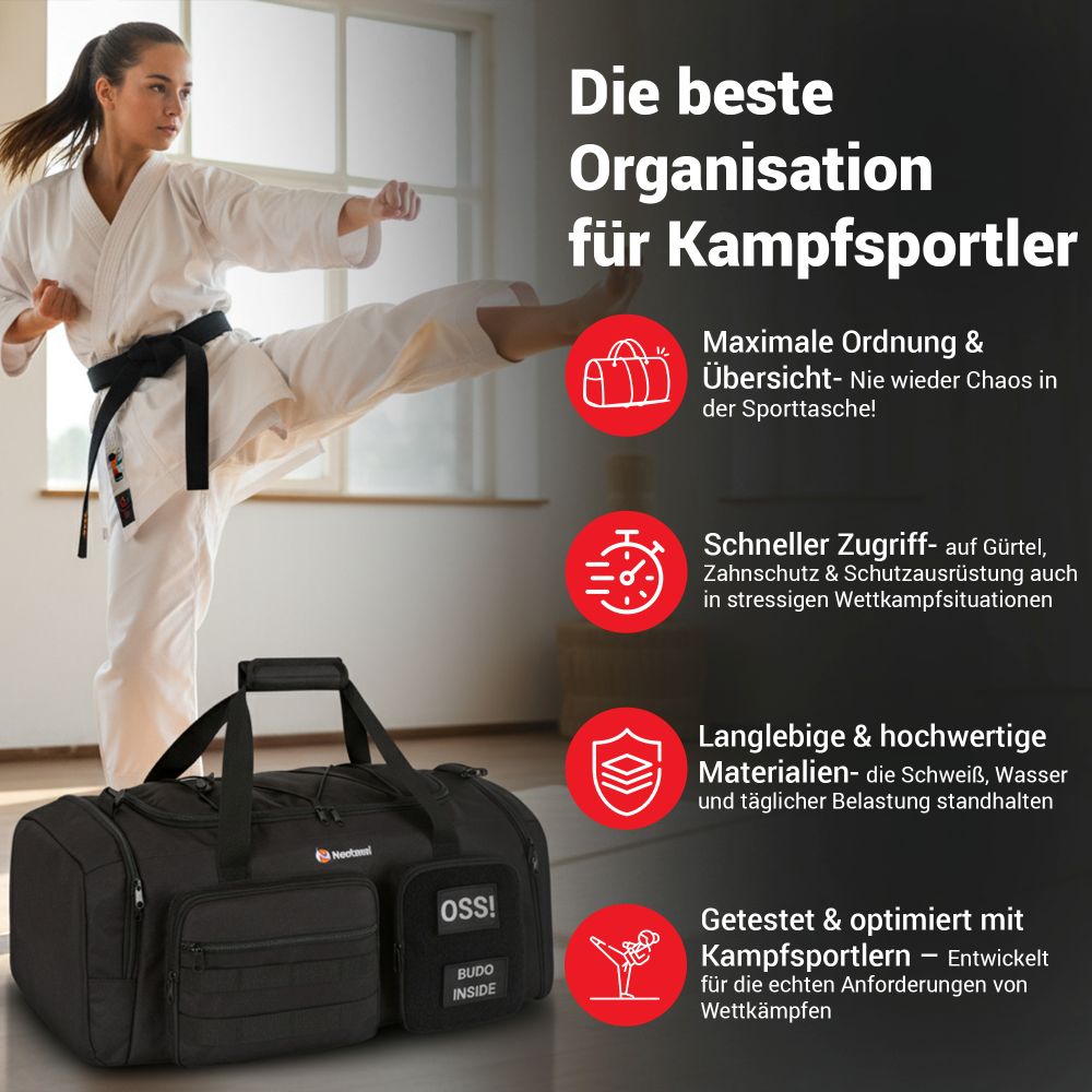 Judo Tasche Neatami Tatakai – robuste 50-Liter Wettkampftasche mit intelligenten Fächern für Gürtel, Tiefschutz und Zahnschutz.