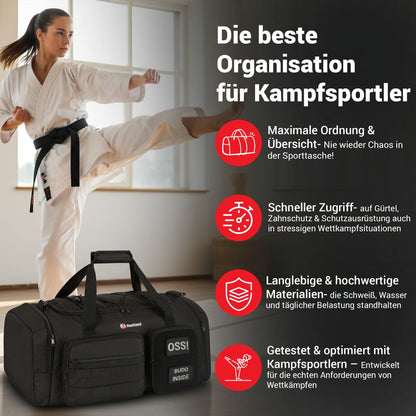 Judo Tasche Neatami Tatakai – robuste 50-Liter Wettkampftasche mit intelligenten Fächern für Gürtel, Tiefschutz und Zahnschutz.