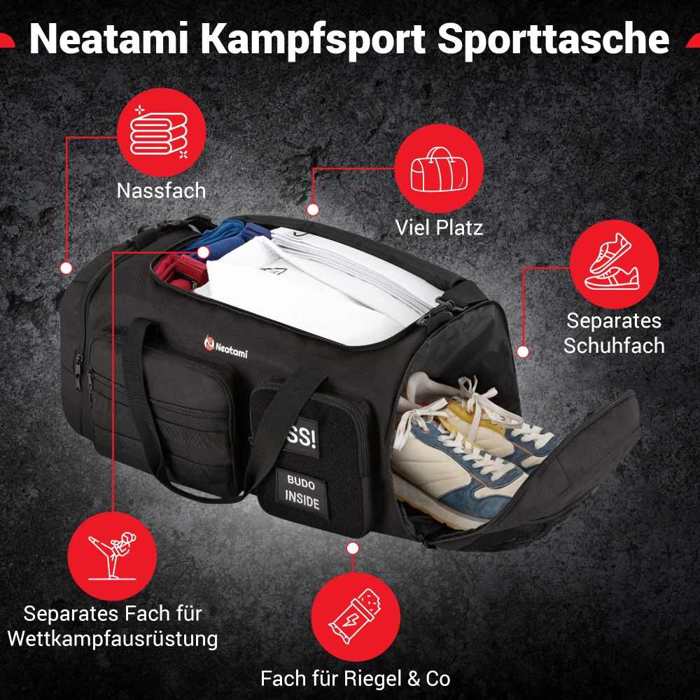 Tasche für Kampfsport mit Klettfläche für Patches – personalisierbar mit Namen, Flagge oder Spruch, passend für Judo, Karate und BJJ.