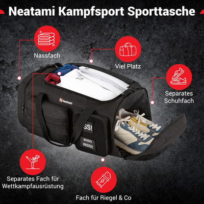 Tasche für Kampfsport mit Klettfläche für Patches – personalisierbar mit Namen, Flagge oder Spruch, passend für Judo, Karate und BJJ.